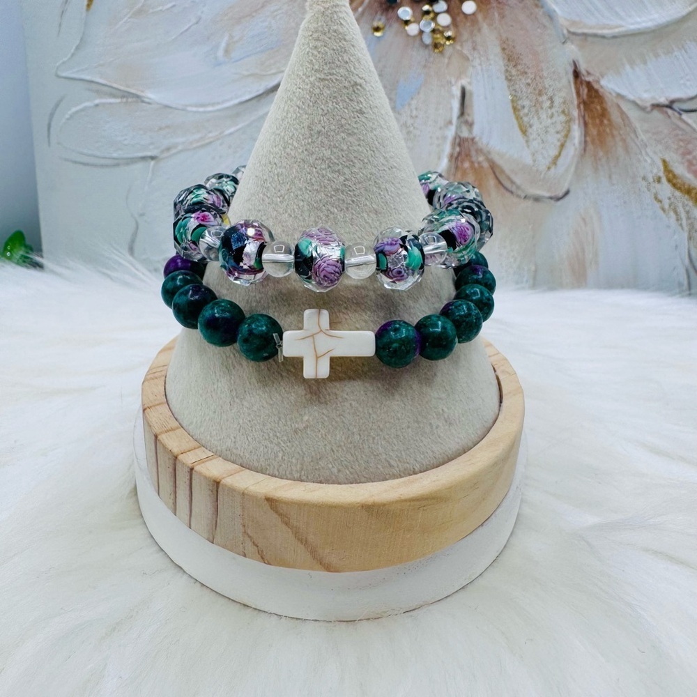 Green Cross & clear floral Beaded Bracelets